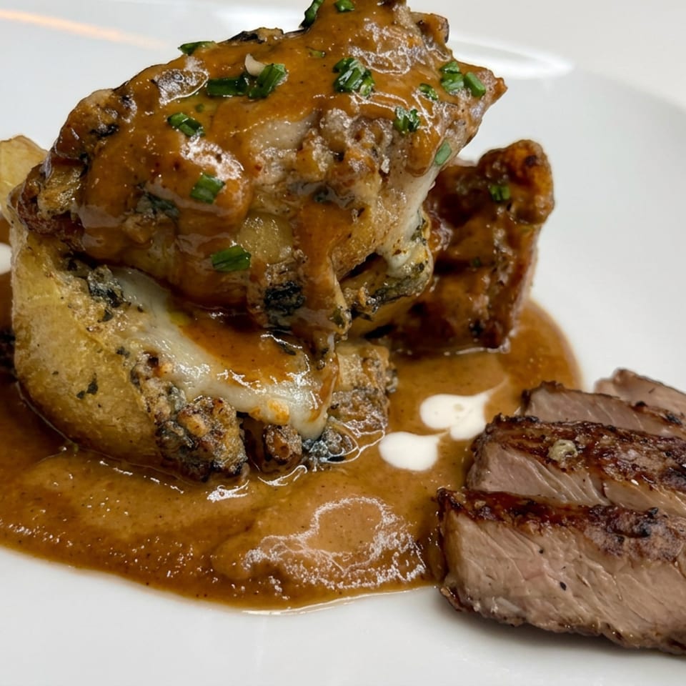 Sliced grilled pork tenderloin served beside stacked golden fried pastries in brown sauce, garnished with chopped green herbs.