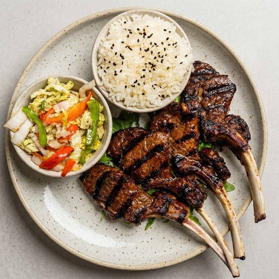 Grilled lamb chops and sliced steak served with sesame rice and colorful cabbage-pepper salad on a ceramic plate.