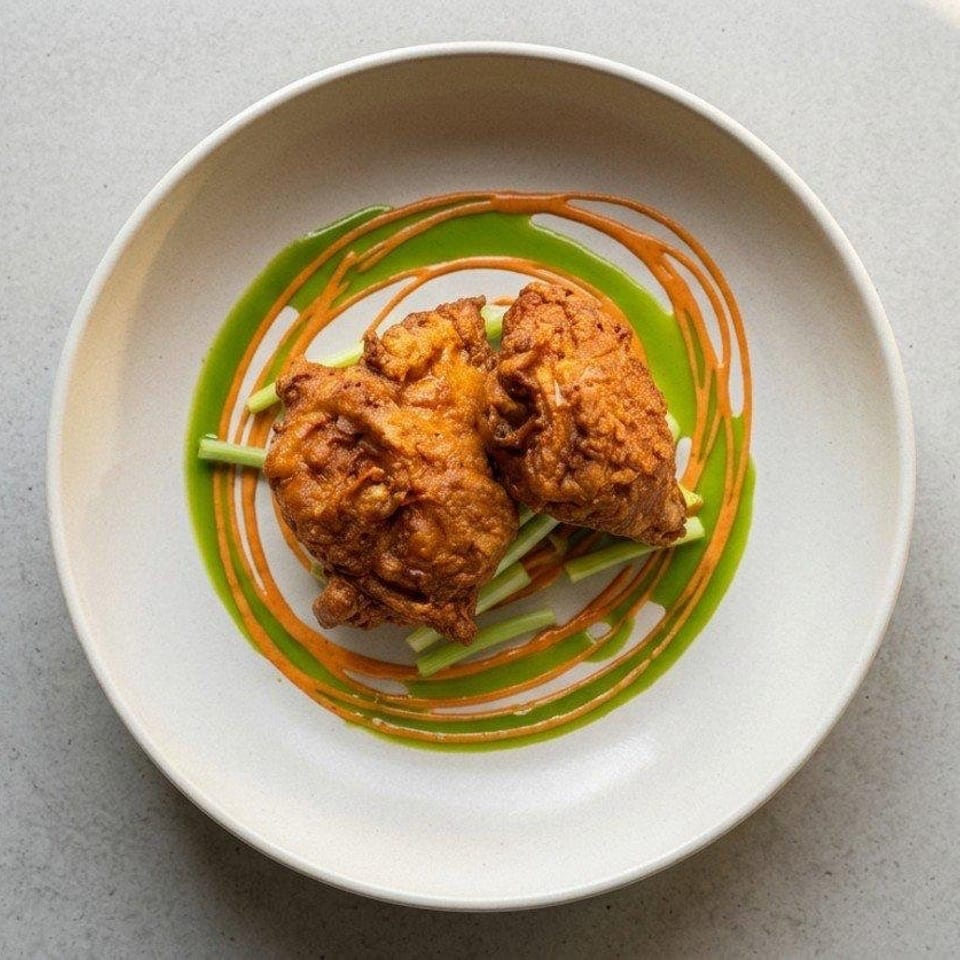 Three crispy golden fritters served over sliced green vegetables with green and orange sauce drizzles on a white plate.