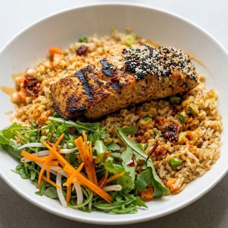 Grilled sesame-crusted fish fillet served over vegetable fried rice with fresh greens, carrots, and bean sprouts.