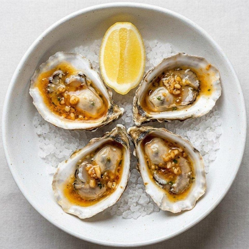 Four oysters topped with sauce and garnishes sit on crushed ice with a lemon wedge on a white plate.