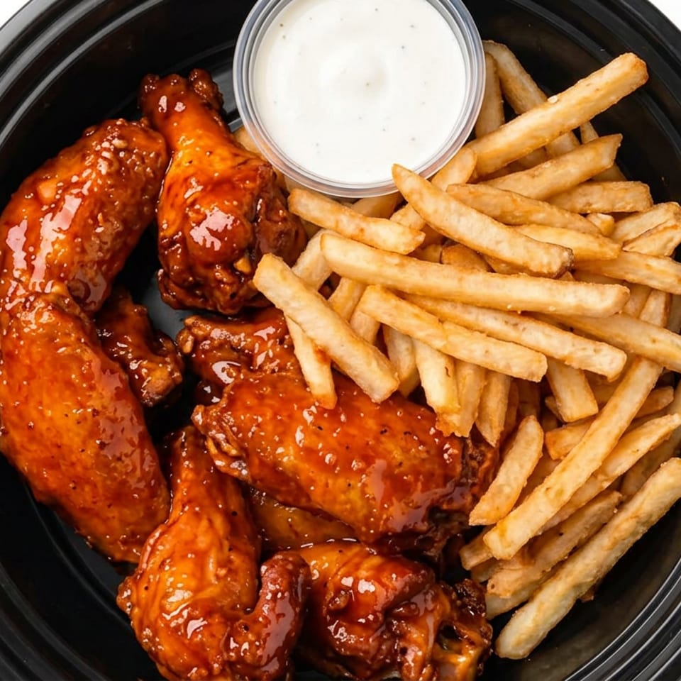 Glazed chicken wings with French fries and a cup of creamy dipping sauce in a black serving dish.