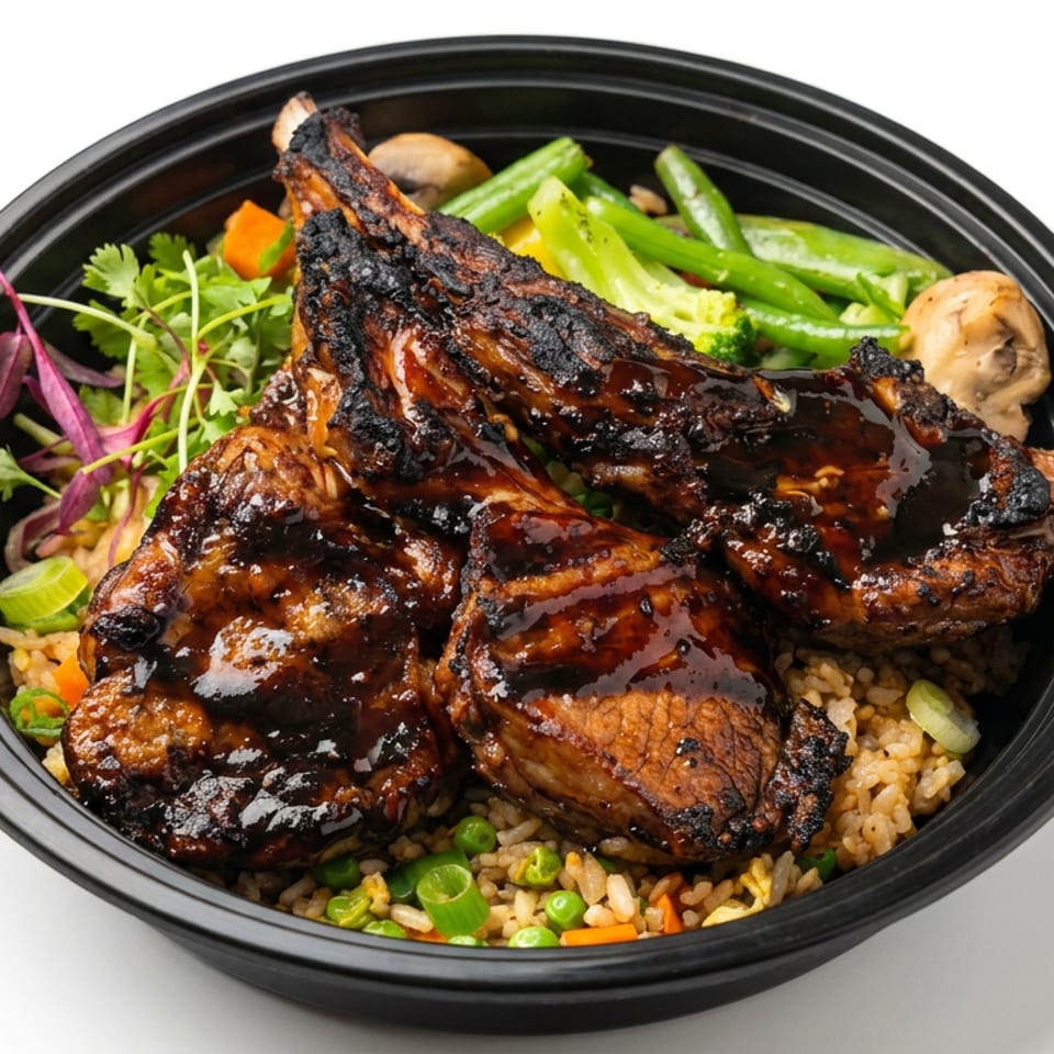 Glazed grilled chicken pieces served over seasoned rice with green beans, carrots, mushrooms, herbs, and lime in a black bowl.