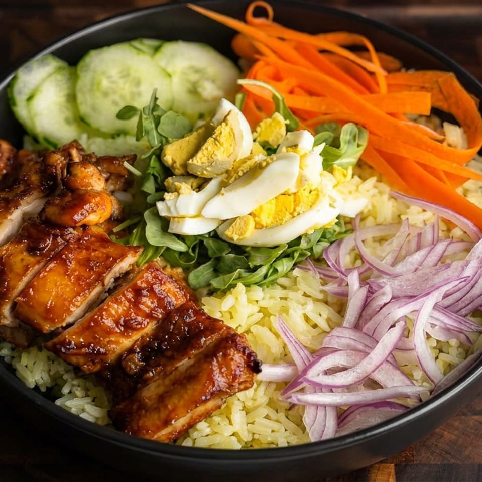 Bowl of rice topped with glazed grilled chicken, sliced egg, cucumber, carrots, greens, cabbage, and red onion.