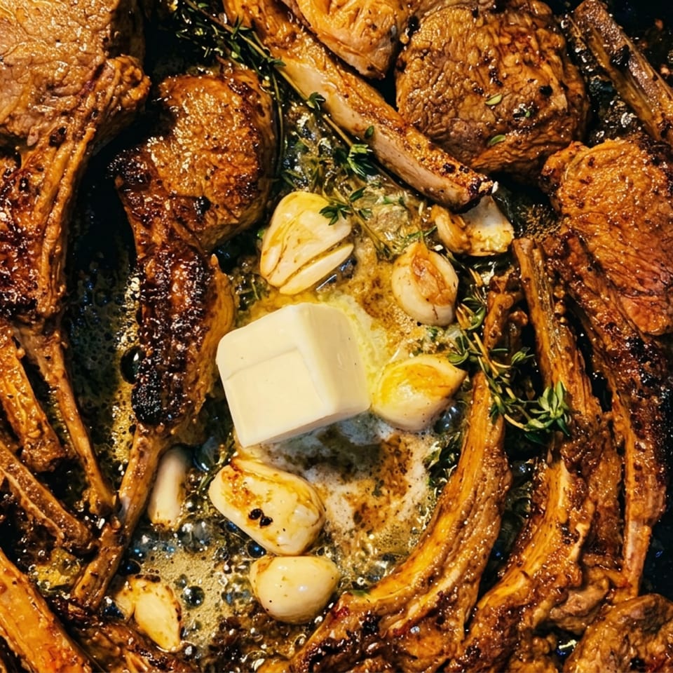 Overhead view of seared lamb chops sizzling in butter with garlic and fresh herbs in a dark skillet.