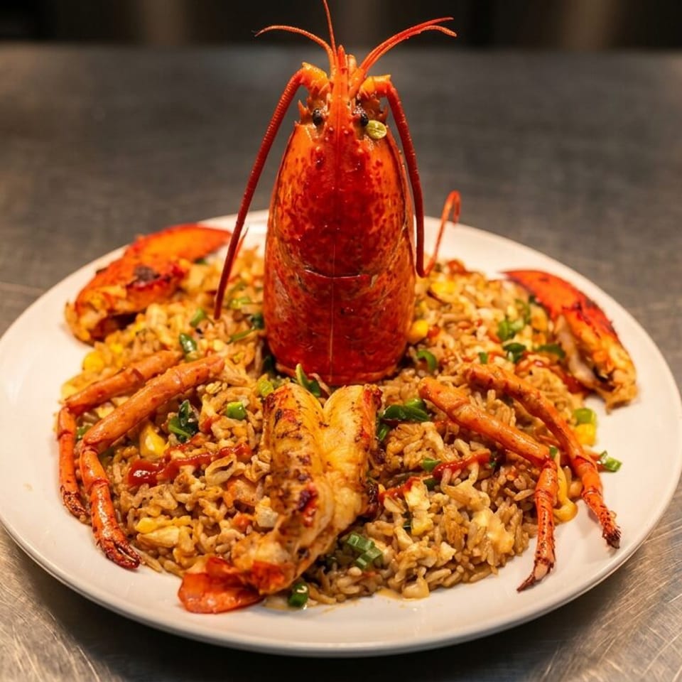 Plate of fried rice topped with a whole lobster, lobster claws, and grilled lobster tail on a restaurant table.