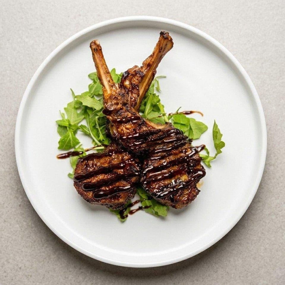 Grilled lamb chops drizzled with dark sauce, served over fresh arugula on a white plate.