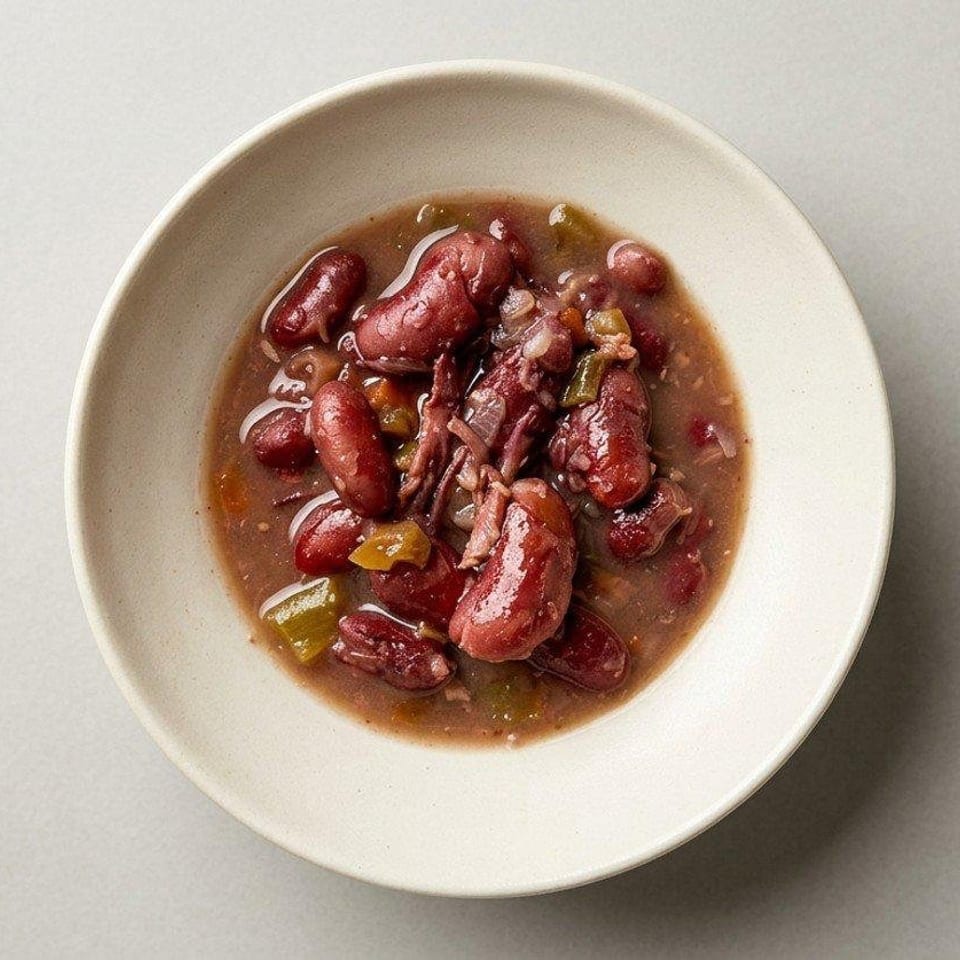 Bowl of red kidney beans simmered with sausage, onions, and green peppers in a savory broth.