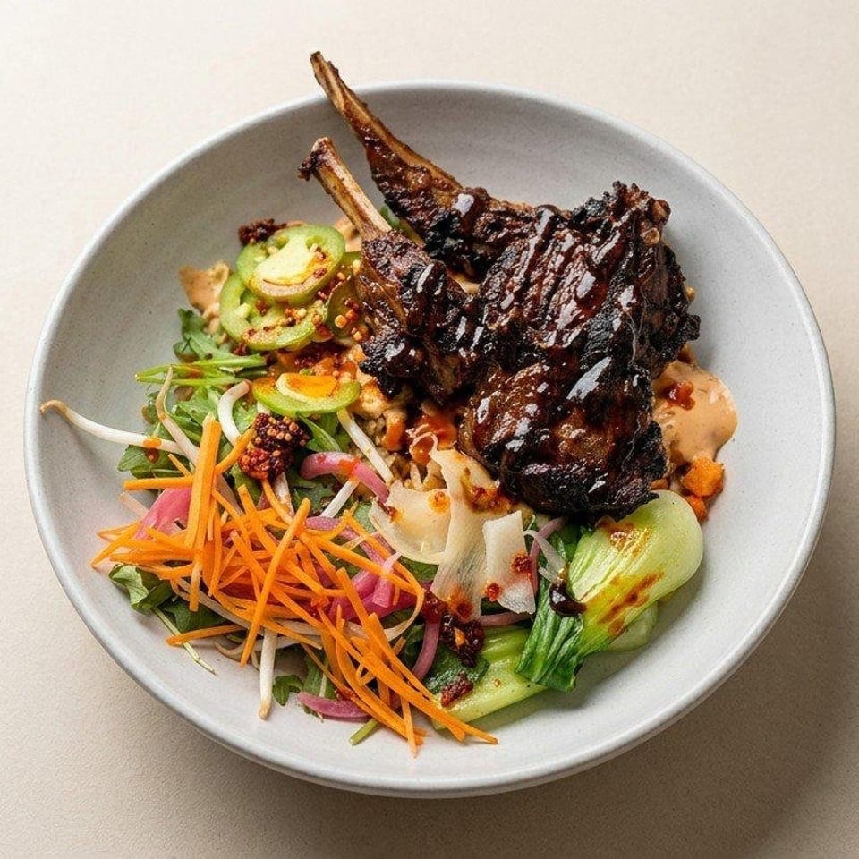 Glazed grilled lamb chops served over colorful mixed vegetables, bean sprouts, carrots, bok choy, and spicy sauce in a bowl.
