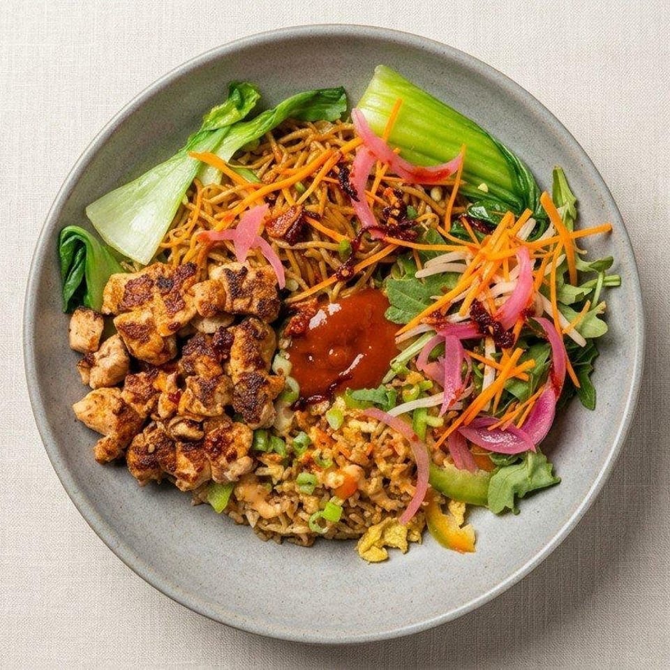 Bowl of stir-fried noodles, grilled tofu, leafy greens, shredded carrots, pickled onions, and chili sauce.